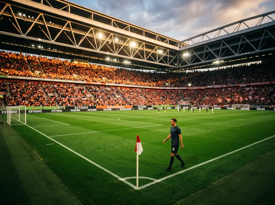 Partido de la Bundesliga en un estadio alemán iluminado al atardecer