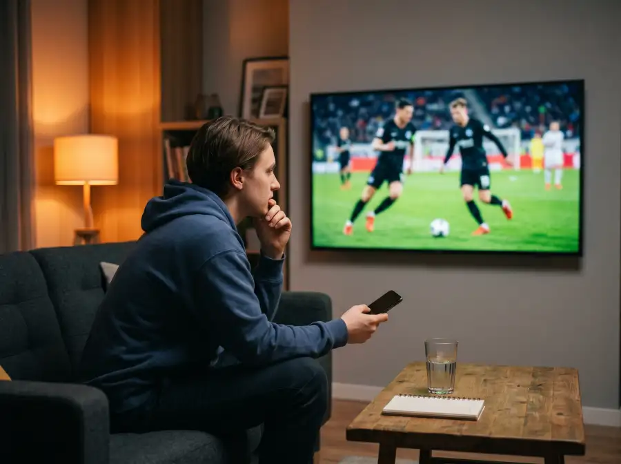 Aficionado siguiendo un partido de la Bundesliga en una pantalla de televisión