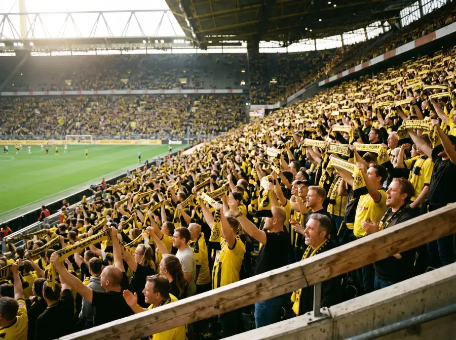 Aficionados de la Bundesliga en las gradas de un estadio alemán con bufandas