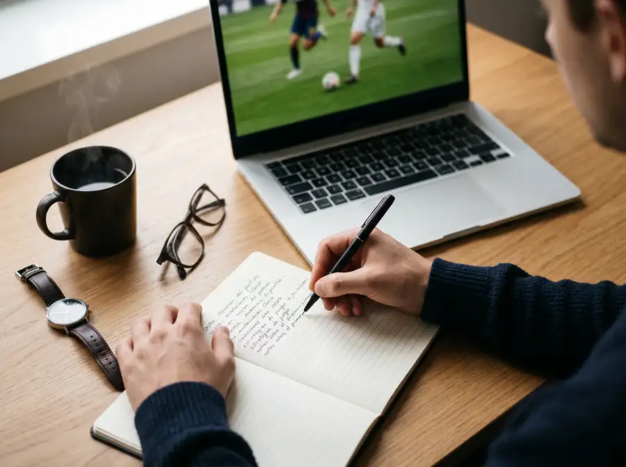 Persona analizando un partido de fútbol alemán en un portátil con cuaderno de notas